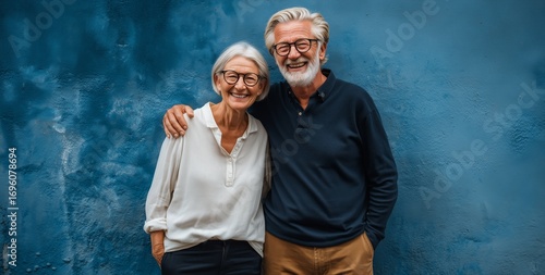 Joyful Elderly Couple Enjoy Sunny Day by Vibrant Blue Wall in Outdoor Setting.
