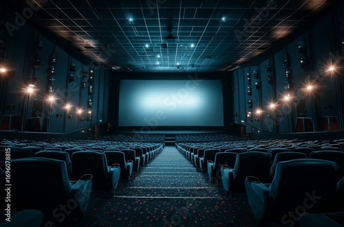 Empty Movie Theater Showcasing an Expansive Screen and Comfortable Seating in...