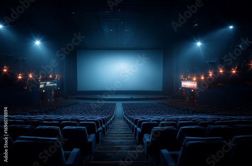 Empty Theater With Dim Lighting and a Large Projection Screen Ready for the N...