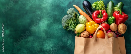 Fresh Produce in a Paper Bag Against a Textured Green Background