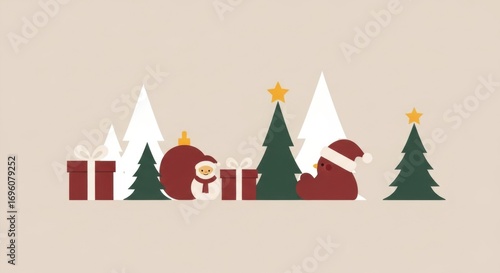 Festive christmas scene with trees, gifts, and santa elements