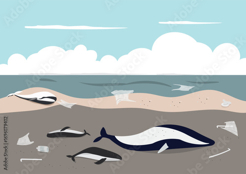 whale dead and stranded on beach with fishing net waste and plastic pollution around background