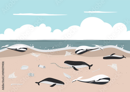 whales carcass stranded on beach with fishing waste and plastic pollution around background