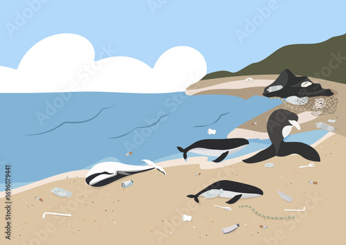 a family whale carcass stranded on beach with fishing net waste and plastic pollution around background