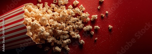 Popcorn Spills From Striped Container Onto a Red Surface at a Movie Night Event.
