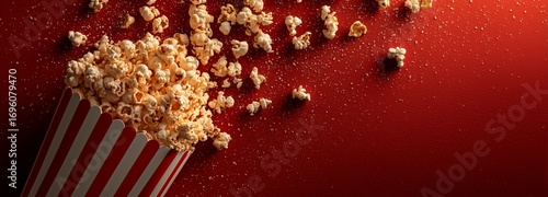 Popcorn Overflowing From Striped Container on Red Background During Movie Night.
