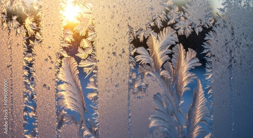 Intricate frost patterns form on a window pane with the sun shining through
