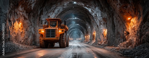 Massive Dump Truck Working in Underground Mine Filled With Minerals and Rocks at Night.