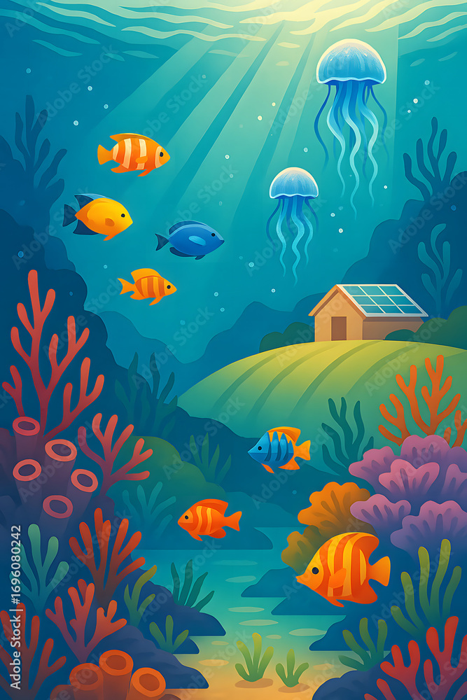 Fototapeta premium Vivid Underwater Scene – 9:16 Semi-Realistic Coral Reef with Tropical Fish and Jellyfish