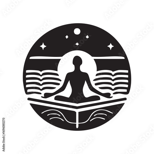 Yoga meditation icon of a woman sitting in lotus pose silhouette symbolizing peace and relaxation.