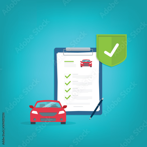 Car insurance document, report. Paper agreement checklist or loan checkmarks form list approved with automobile icon, vehicle financial, car dealership legal deal.	
