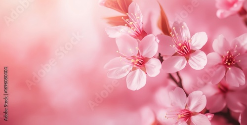 Blossoming Cherry Flowers Against a Soft Pink Background in Spring.