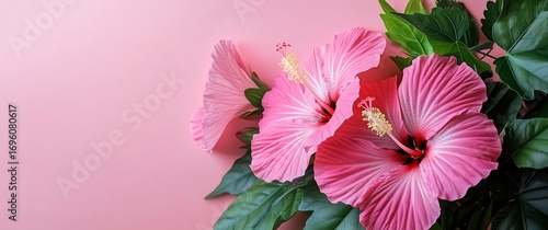 Vibrant Pink Hibiscus Flowers Against a Soft Pastel Background Showcasing Nat...