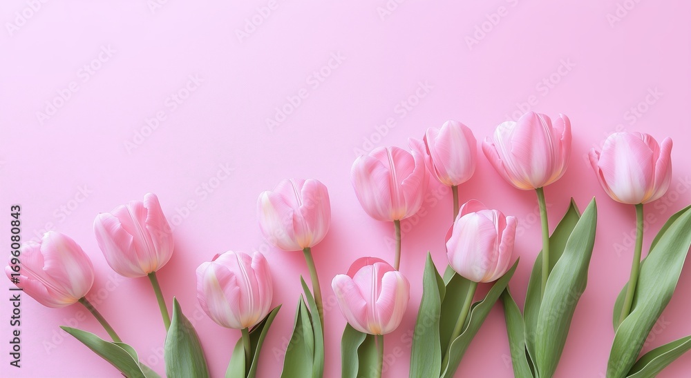 Fototapeta premium Bright Pink Tulips Arranged on a Soft Pink Background for Fresh Floral Decor and Spring Vibes.