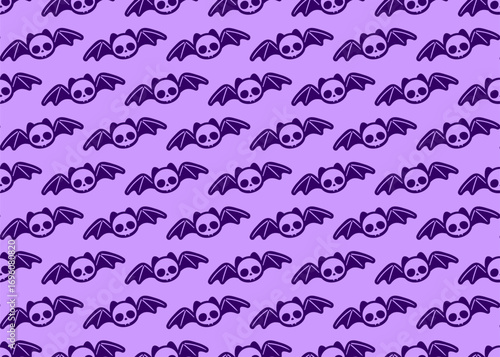 Seamless vector pattern of baby bat skulls with purple background.