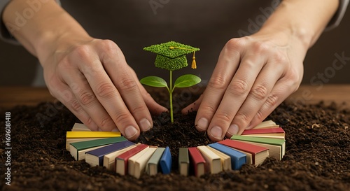 Cultivating knowledge with graduation cap plant and hands showing books growing, a symbol of education and academic growth