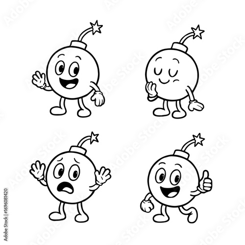 Cartoon bomb character set with different expressions. Fun mascot design in black and white style, perfect for comics, stickers, or game elements.