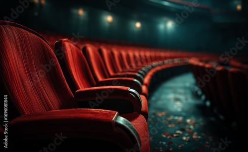 Red Velvet Theater Seats Arranged in a Dimly Lit Auditorium Before a Performa...