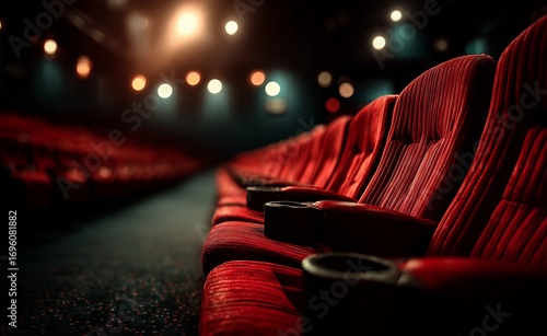 Red Velvet Theater Seats Arranged in a Dimly Lit Auditorium Before a Performa...
