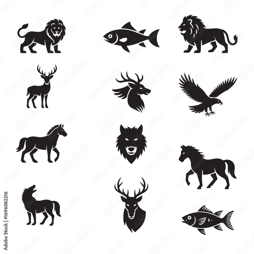 Naklejka premium A set of animal silhouette vector illustrations featuring a collection of wild and farm animals like a deer, elephant, tiger, and cow in black