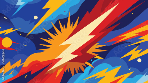 Vector illustration of thunder and lightning in pop art style. Colorful background.