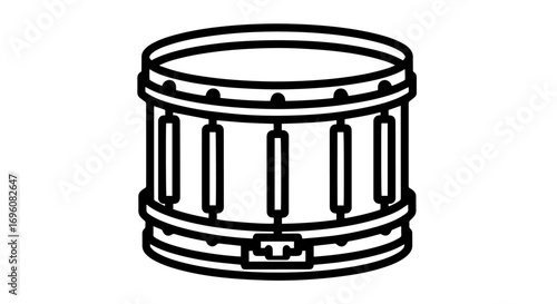 A bold, monochromatic line art icon of a snare drum, featuring its distinct tension lugs and hoops in a clean, minimalist style