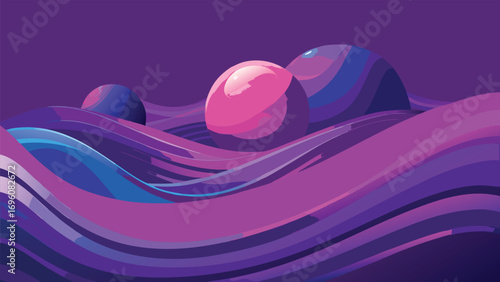 Abstract background with waves and balls in violet colors. Vector illustration.
