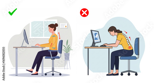 Correct and incorrect sitting posture at desk, woman working on computer, good vs bad ergonomic position, spine health, back pain prevention, office syndrome concept