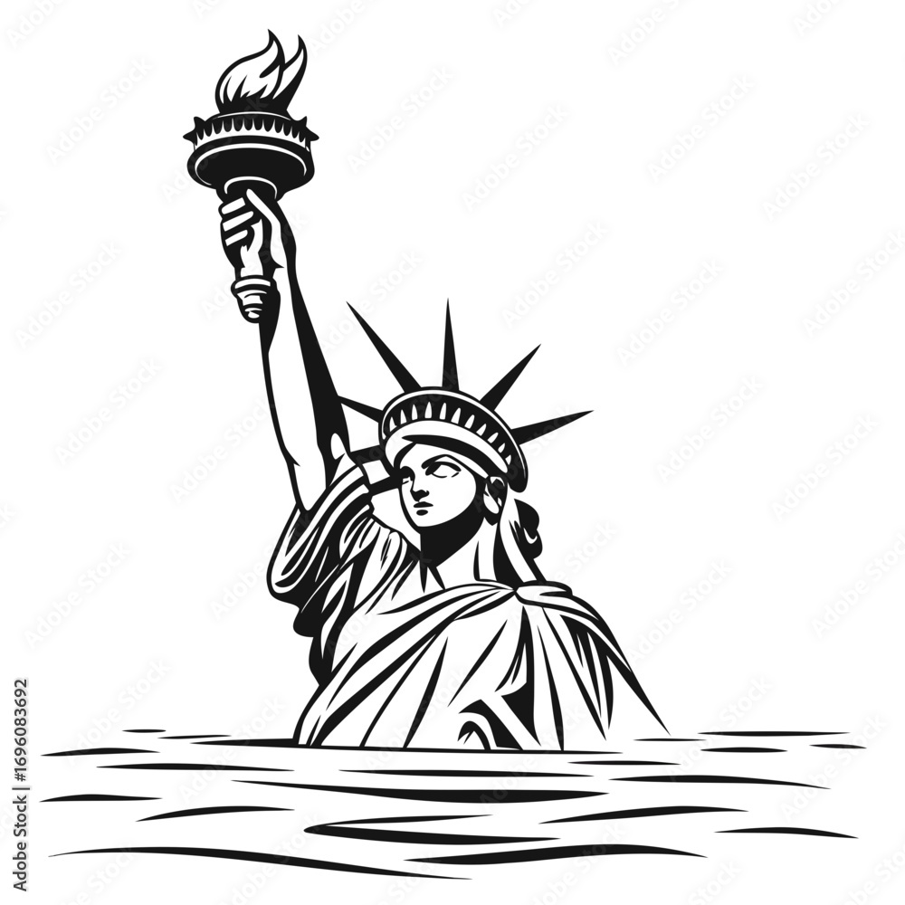 Obraz premium Iconic statue of liberty silhouette rising from stylized water with torch held high