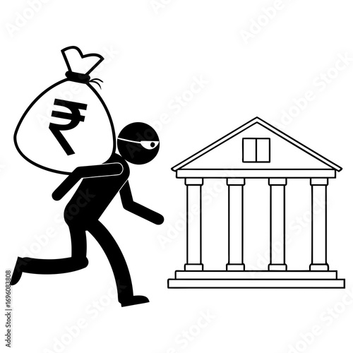 Robber carrying a sack of indian rupees symbol running away from a bank building