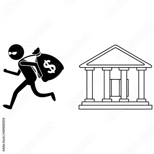 Silhouette of a thief running with a bag of money away from a bank building