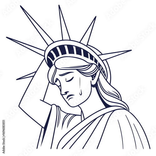 Statue of liberty crying with hand on forehead expressing sadness and despair
