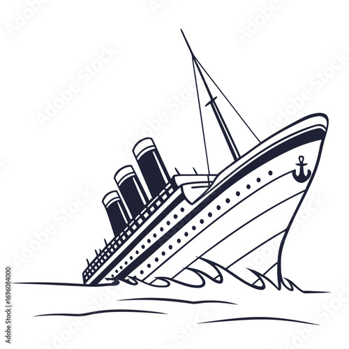 Stylized illustration of a sinking luxury liner ship with four smokestacks in choppy water