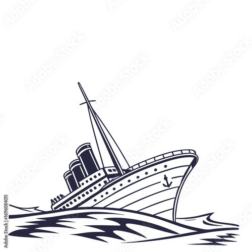 Stylized illustration of a sinking ocean liner ship in rough choppy water with an anchor symbol