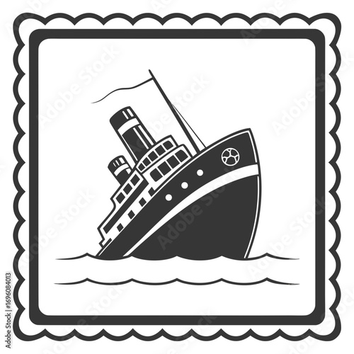 Stylized illustration of a sinking ship with a decorative scalloped border and waves