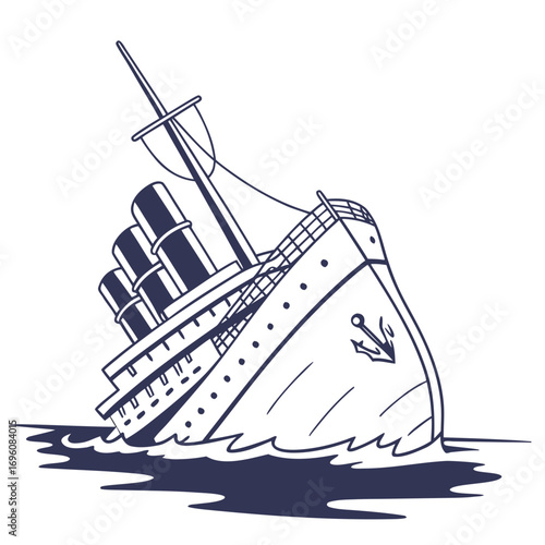 Stylized illustration of a sinking ocean liner with multiple smokestacks listing in the water