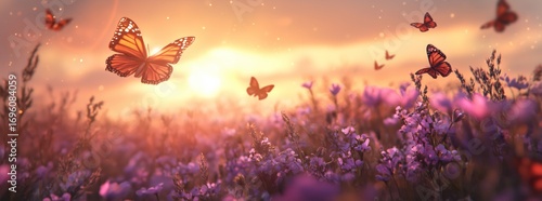 Colorful Butterflies Fluttering Over a Blooming Lavender Field at Sunset