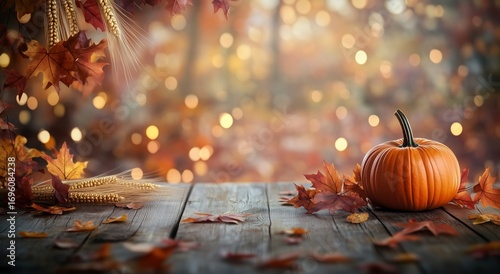 Autumn Display of Pumpkins, Leaves, and Wheat on Wooden Surface With Warm Bok...