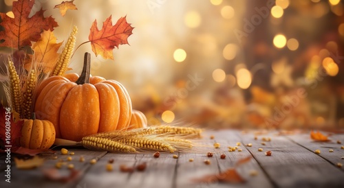 Autumn Display of Pumpkins, Leaves, and Wheat on Wooden Surface With Warm Bok...