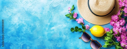 Bright Summer Accessories Arranged on Blue Textured Background With Lemon and...