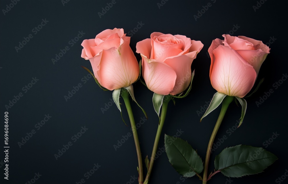 Obraz premium Three Pink Roses Arranged Elegantly Against a Dark Backdrop for a Striking Visual Display.