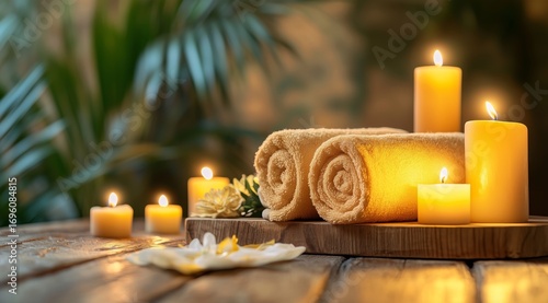 Relaxing Spa Setting With Candles and Fresh Towels in a Serene Indoor Environ...