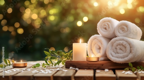 Relaxing Spa Setup With Candles, Towels, and Flowers During Golden Hour in a Tranquil Outdoor Space.