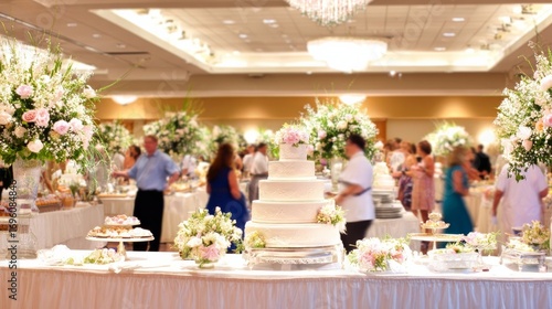 Elegant wedding reception hall with a multi-tiered white cake adorned with flowers, lush floral arrangements,