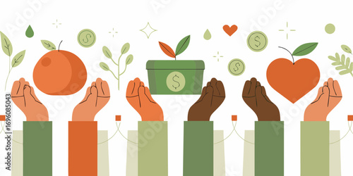 Diverse hands reaching up to receive gifts of fruit money and love representing charity and support