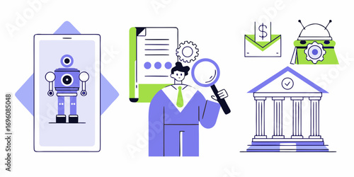 Modern financial technology concepts including ai robot data analysis and banking institution