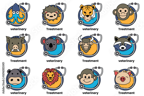 A collection of animal faces with the word Veterinary written below them