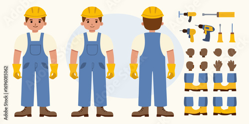 Cartoon construction worker character with front side and back views and various accessories