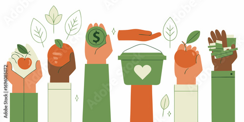 Diverse hands offering donations of food money and support for charity and community initiatives