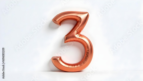 3D Realistic Metal Number 3 Sculpted from Polished Copper with Patina and Industrial Rivet Texture Isolated on White Background for Third Anniversary and Tech Concept